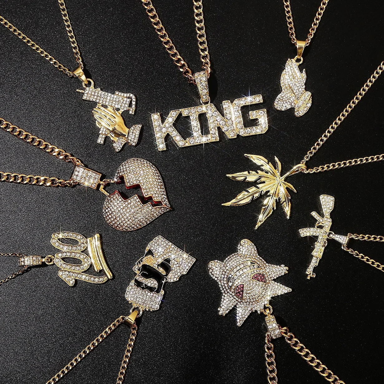 QIMING Exaggerated Hip Hop Punk Pendant Necklace For Women Men Full Crystal Zircon King Boss Gun Vintage Jewelry