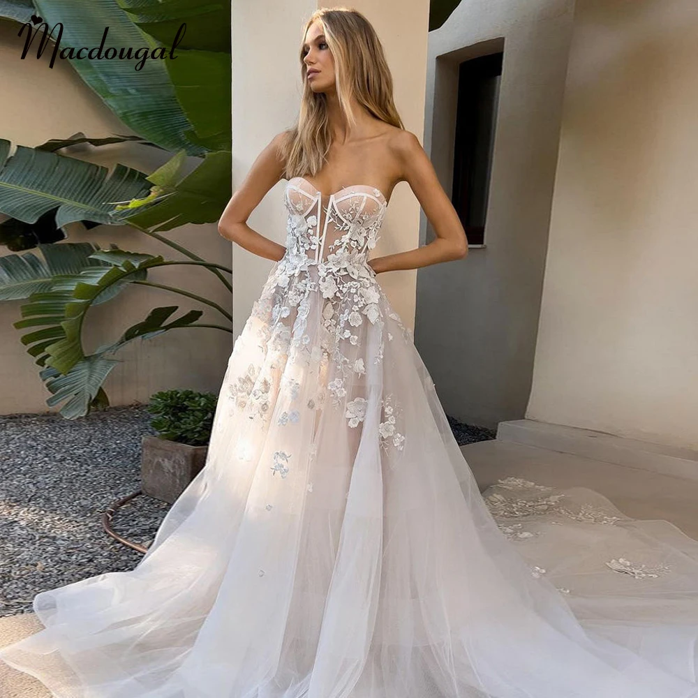 

MACDOUGAL Charming A-line Wedding Dresses Sweetheart Lace Appliques Sleeveless Court Train Backless Vestido De Noiva Customized