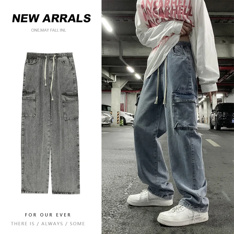 Drawstring Cargo Jeans Men Fashion Retro Pocket Jeans Men Japanese Streetwear Hip Hop Straight Denim Pants Mens Trousers M-3XL