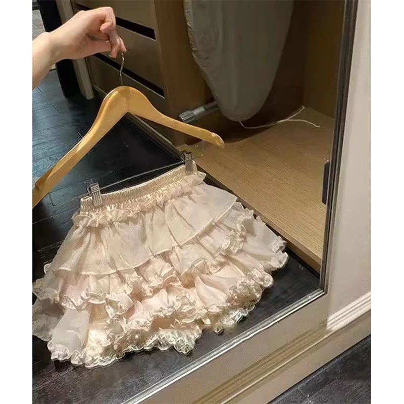 Фото MEXZT Kawaii мини-юбка женская японская милая кружевная лоскутная бальная юбка летняя фея мода с оборками повседневная трапециевидная юбка Faldas №2