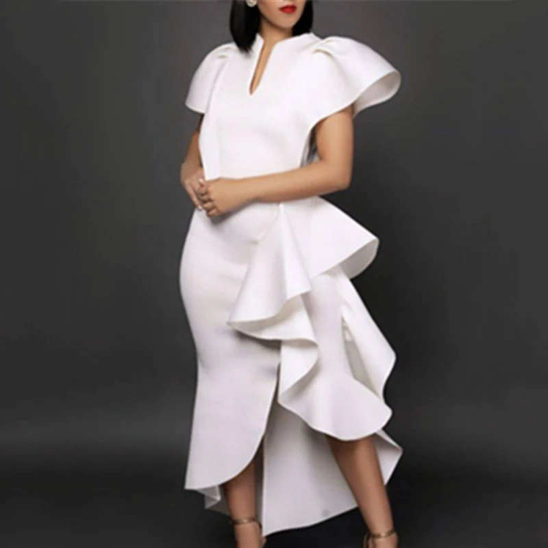 

Stylish Occasion Women's White Party Dresses Irregular Ruffles Slit Patchwork Sexy Vestido Date Out Night Celebrate Event Robes