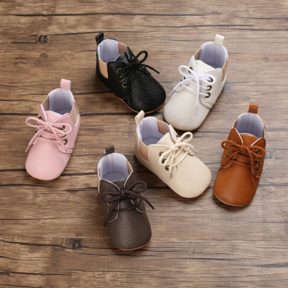 

Jlong Infant PU Leather Shoes Casual Lace-up Crib Shoes Baby Soft Non-Slip Sole High-Top Ankle Sneakers 0-18 Months