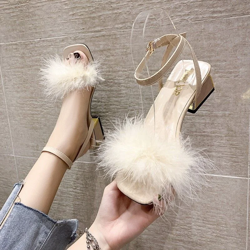 Fairy Plush Shoes PU Leather Women's Sandals 2023 New Summer High Heels Thick Platform Korean Ins Y2k Aesthetic Square Toe Heels
