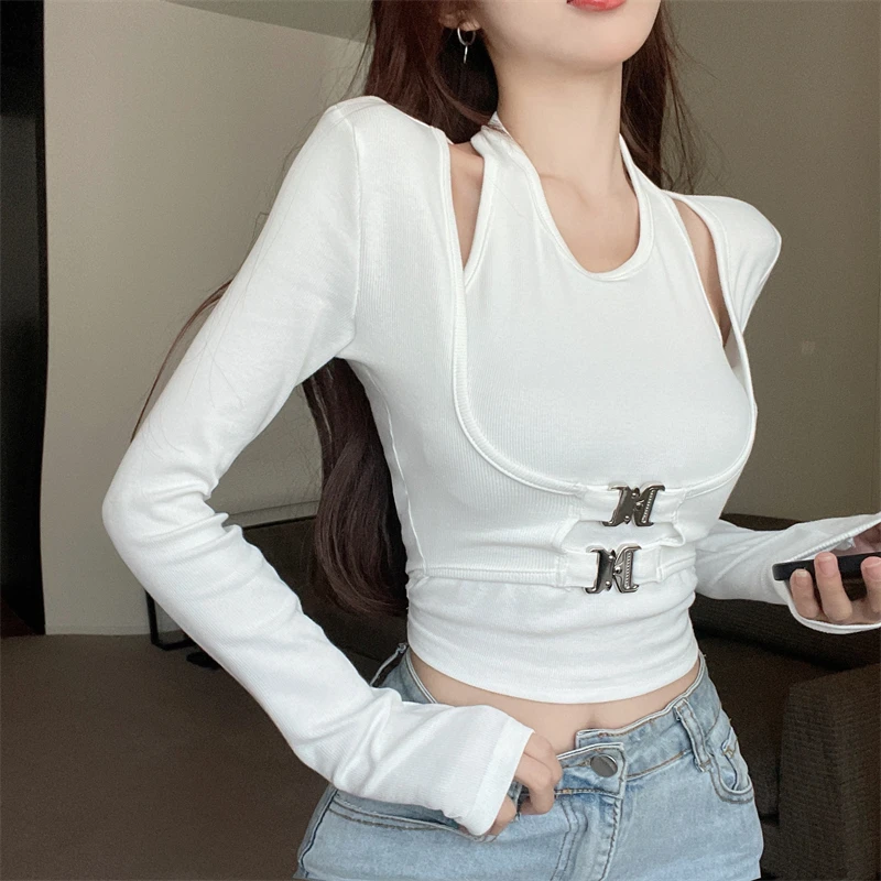 

Футболка с длинным рукавом и воротником-халтером, новинка, Женский Осенний однотонный облегающий топ с вырезами и пряжкой, универсальная мо...