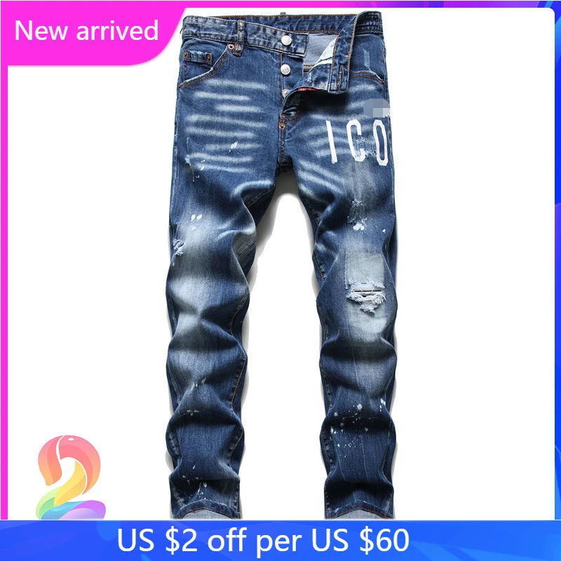 

Dsq2 Fashion Shredded Patch Denim Trousers Paint Splatter Letter Print Pants Stretch ICON Blue Oversized Men's Jeans