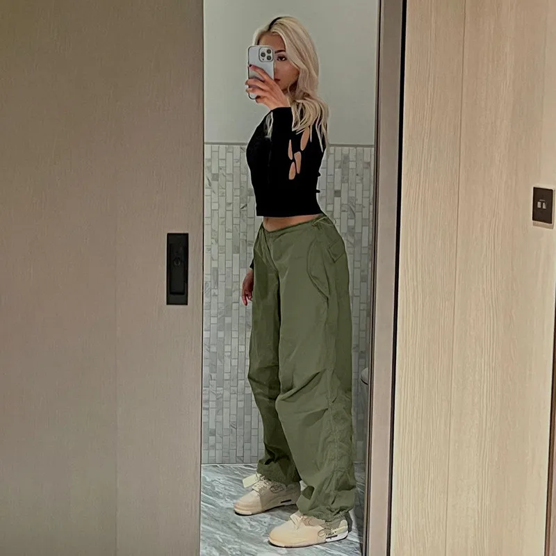 Casual Women Trousers Solid Loose Drawstring Low Waist Streetwear Joggers Baggy Wide Leg Sweatpants Female Hippie Cargo Pants