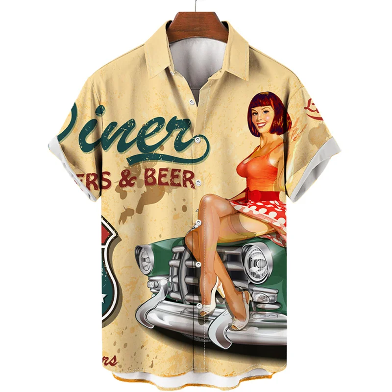 

Moto Biker Girl Graphic Shirts for Men Clothing Pop 3D Printed Hawaiian Beach Shirts y2k Tops Shirt Vintage Clothes Lapel Blouse