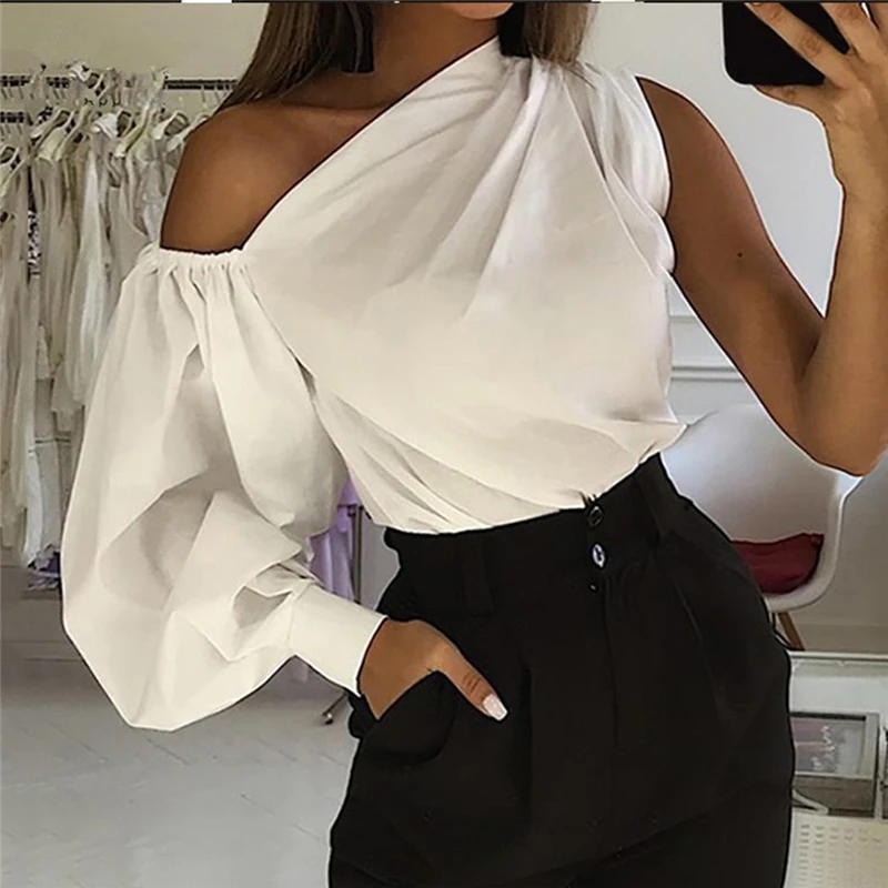

Women Sexy One Shoulder White Blouse Skew Collar Lantern Sleeve Irregular Shirts Female Casual Slim Solid Tops Blusas