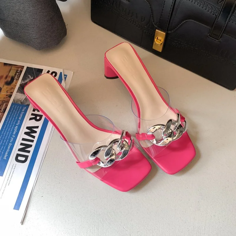 2022 fashion women's sandals summer square high heels golden chain metal decoration open-toed slippers square heel jelly shoes