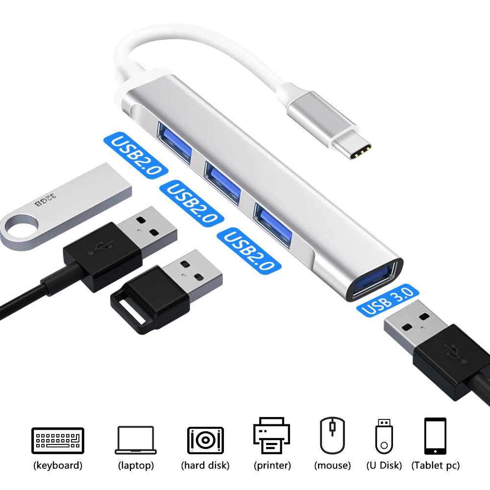 

Высокоскоростной USB-концентратор типа C, 4 порта, мульти-разветвитель, адаптер OTG для Lenovo, HUAWEI, Xiaomi, Macbook Pro, 15 Air Pro, аксессуары