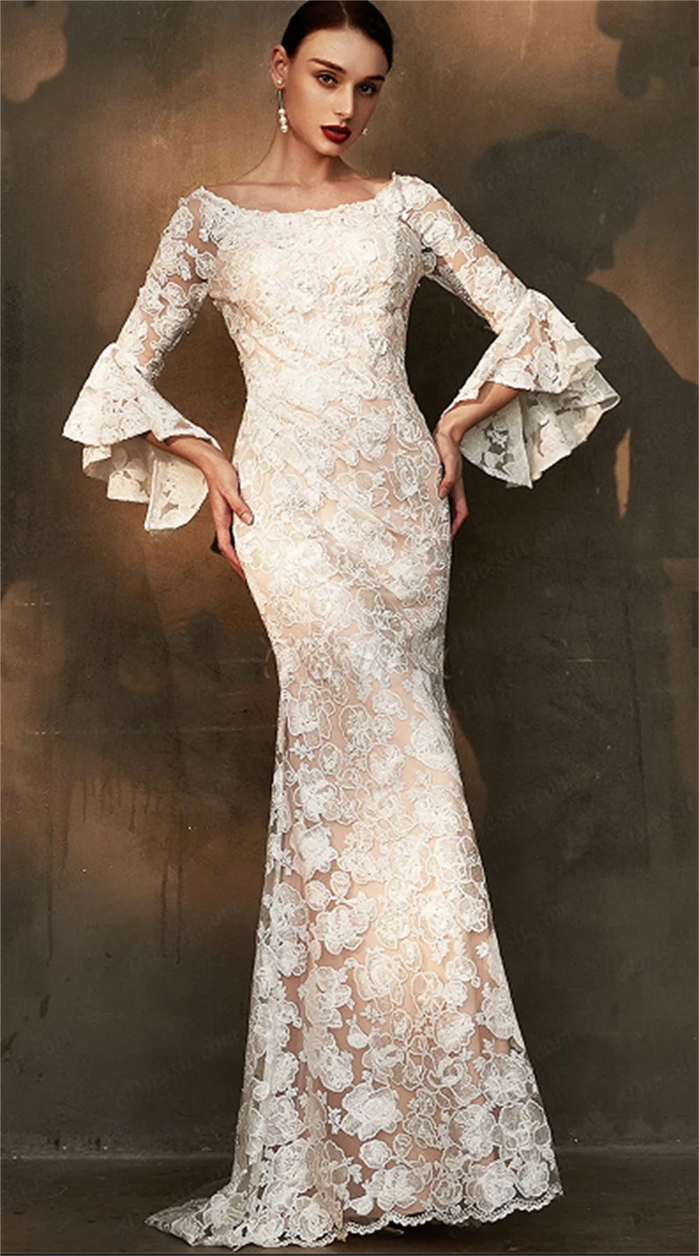 Women Elegant Lace-up Wedding Dress Tulle Crew Neck Long Flare Sleeve Prom Party Dress Sexy Hollow Mermaid Evening Dresses