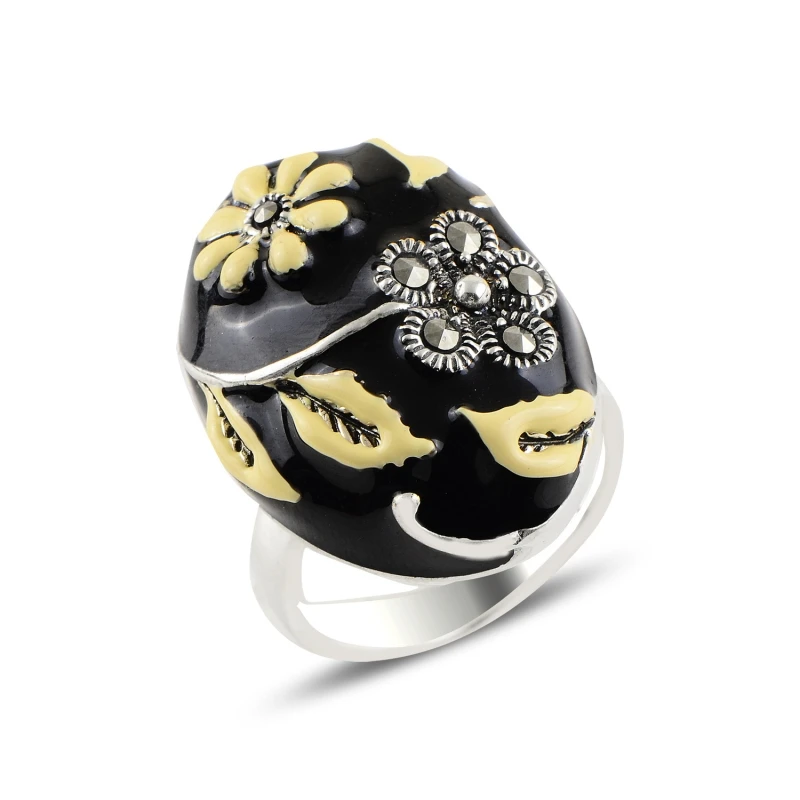 

Серебряное искусственное украшенное цветочным камнем марказитом и эмалированным кольцом