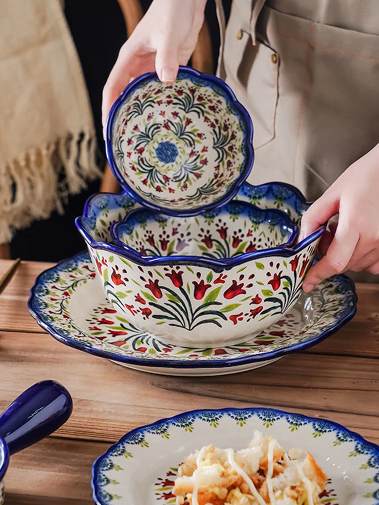 Polish Style Ceramic Baking Pan Soup Bowl Double Ear Bowl Plate  Dinnerware Home Kitchen Utensils