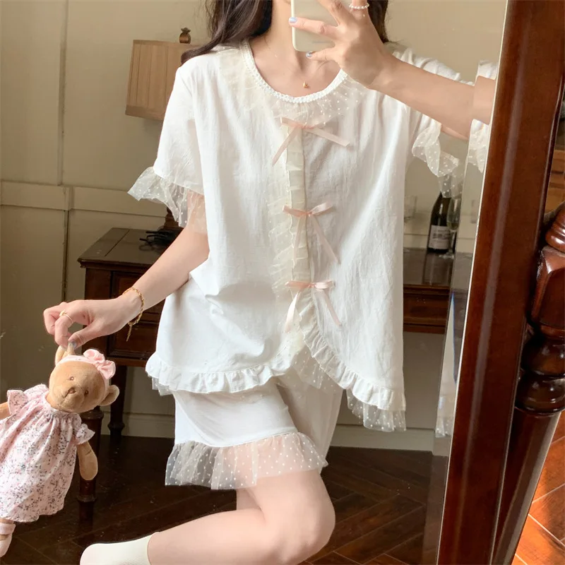 Pajamas for Women's Summer Pure Cotton Cute Short-sleeved Shorts French Pure Desire Princess Style Home Service Suit Loungewear