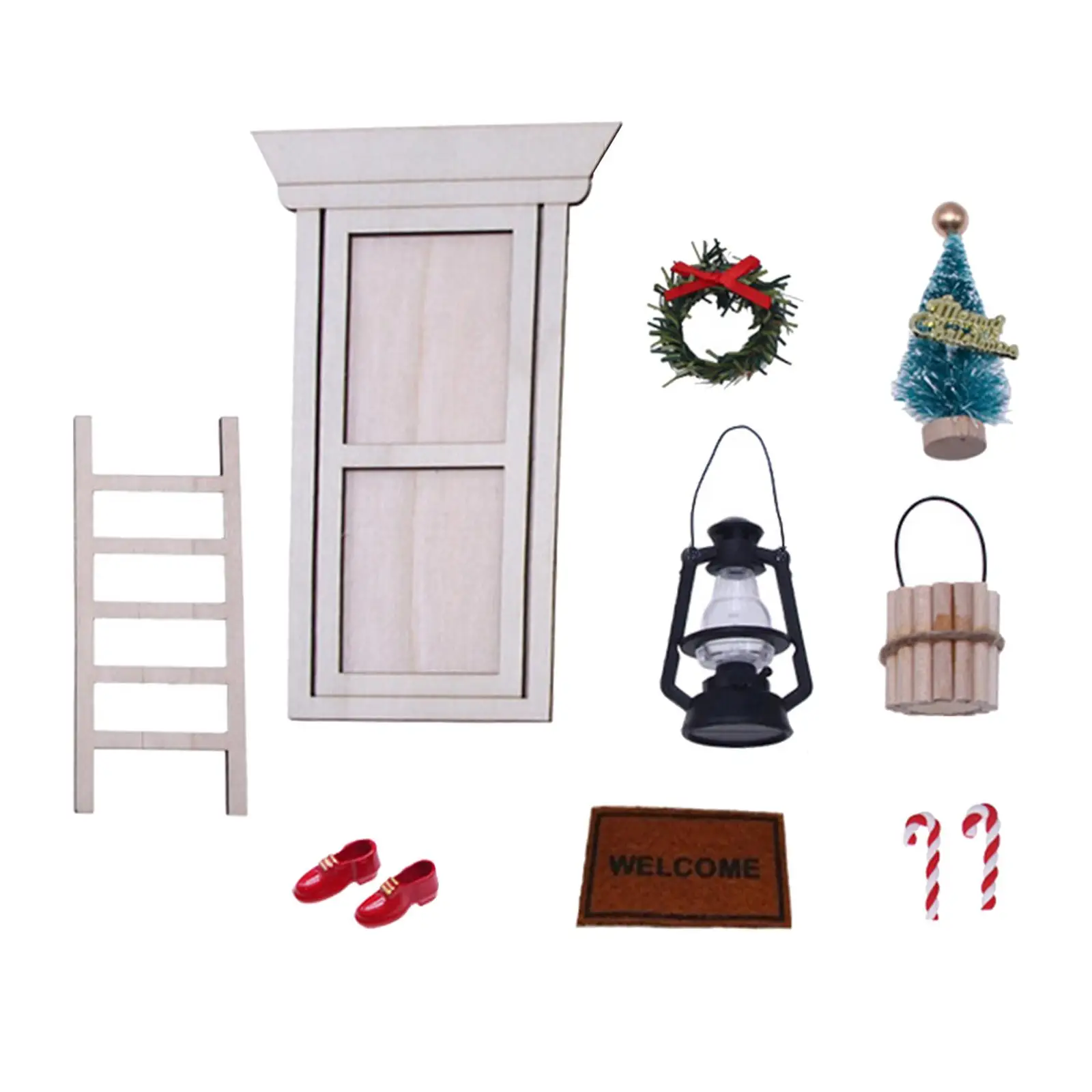 

10x Dollhouse Miniature Decoration Set Wooden Door, Ladder, Bucket for 1:12 Dollhouse Creative Toys Decor Ornament DIY Scene