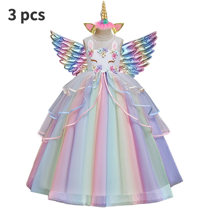 

2022 Flower Girl Unicorn Rainbow Wedding Party Dress Baby Girl 3-14 Years Birthday Unicorn Colorful Dance Performance Dress Set