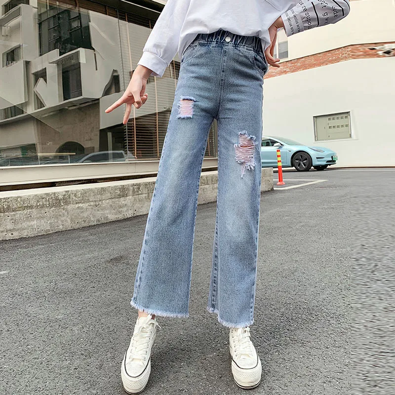 Модные Универсальные Повседневные детские брюки для подростков рваные