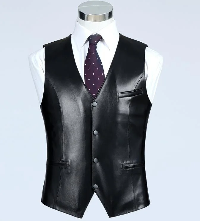 

High Quality Mens Slim Fit Genuine Balck Leather Vest Casual Business Suit Sheepskin Waistcoat Jacket Autumn Spring