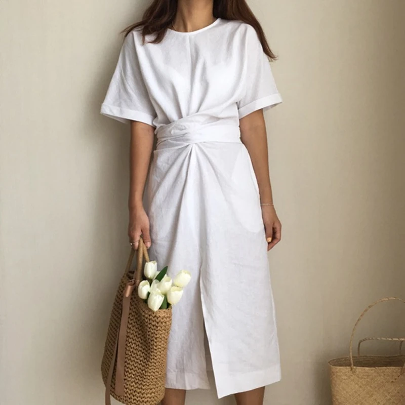 

Spring Women Dress Female Cross Bandage Short Sleeve Hem Split Casual Women's Dresses Ladies Tunic Elegant Vestidos New