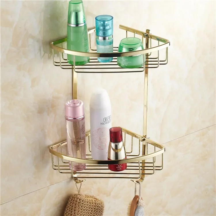 

Bathroom Shelves Wall Mounted Golden Brass Bathroom Soap Basket Bath Shower Shelf Basket Holder Building Material HJ-118K