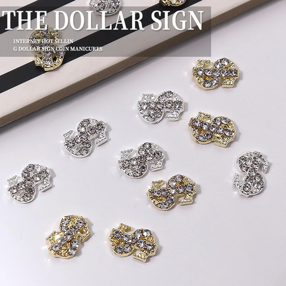

100pcs USD Dollars Design Nail Charms Gold Silver Color Metal Alloy Coin Nail Art Jewelry Rhinestone Nail Art Decoration 6*9MM
