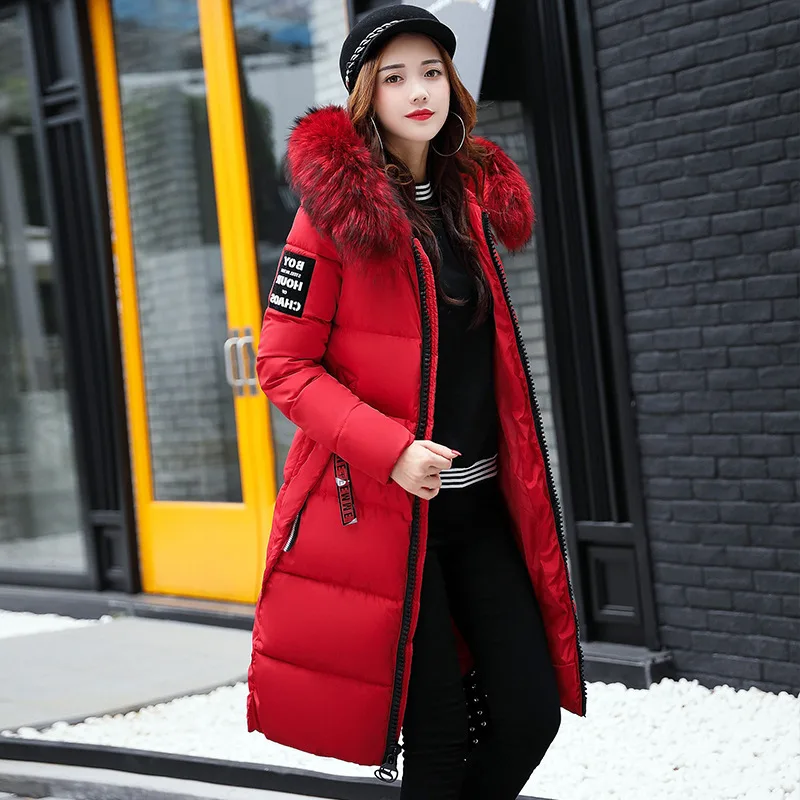 

Women's Down Parkas Winter Jacket Big Fur Collar Thick Slim Coat Fashion Hooded Cotton Outerwear Long Winter Woman Coat