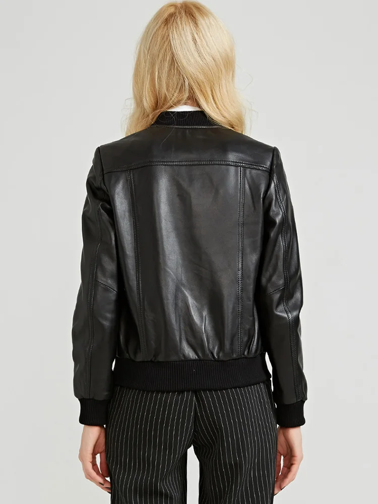 New Women Genuine Leather Jacket Spring Autumn Fashion Casual Stand Collar Short Sheepskin Moto Coat Slim Black Outerwear Female