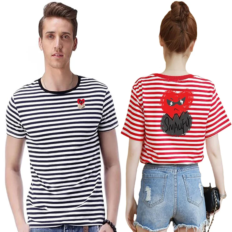 

Break Egg Men Women O-neck Short Sleeved Striped T-shirt Cartoon Speckle Ink Embroidery Back Print Cotton Summer Striped T-shirt
