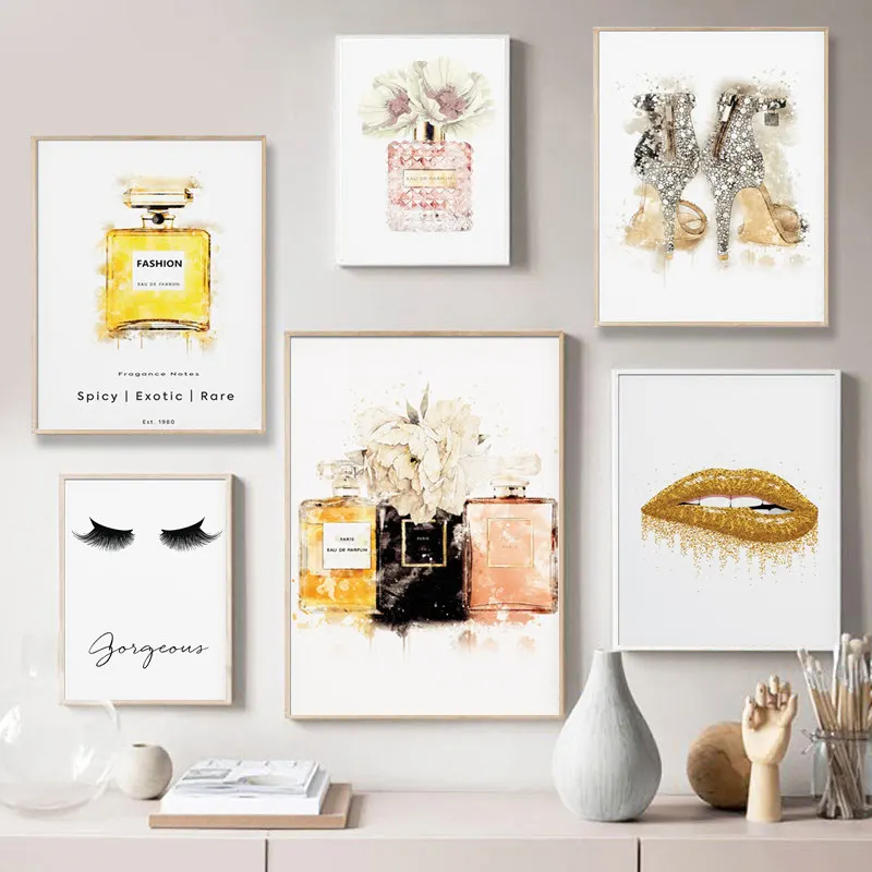 

Fashion Salon Poster Flower Perfume Wall Art Canvas Painting Gold Lips Picture Nordic Paintings Modern Woman Girl's Room Decor