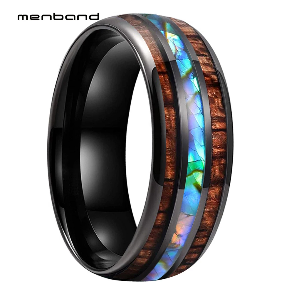 

Men Women Wedding Band Tungsten Ring With Abalone Shell and Koa Wood Inlay Domed Polished 8MM Comfort Fit