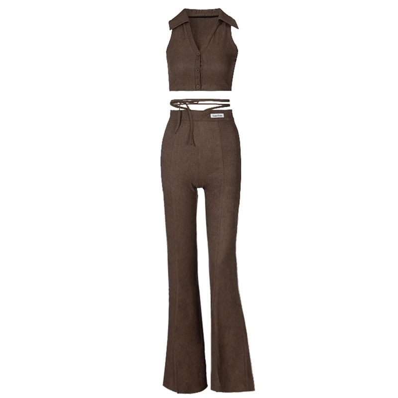 

New style Women Sexy 2 Piece Outfits Set Sleeveless Lapel V-Neck Button Crop Tank Top with Drawstring High Waist Split Hem Pants