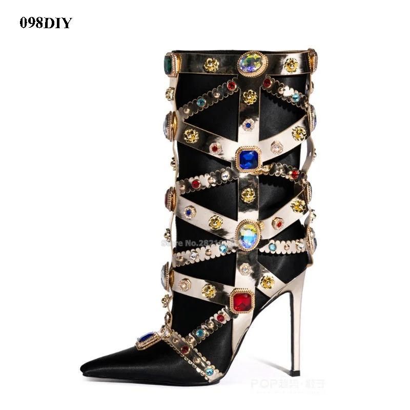 

Ultra Black Satin Gold Strap Pointed Toe Silhouette Gemstone Embellished Boots Women Slim Stiletto Heeled Pointed Toe Long Boot