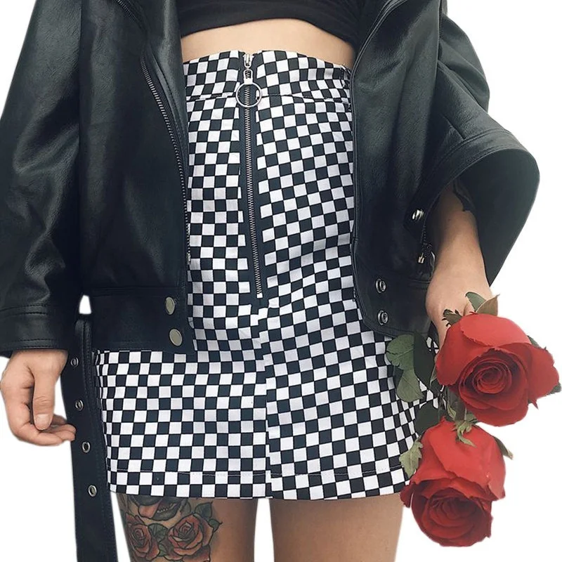 

Women's Y2k 2022 Spring And Summer Casual High Waist A-shaped Checkerboard Pattern Bag Hip Half Body Short Skirt