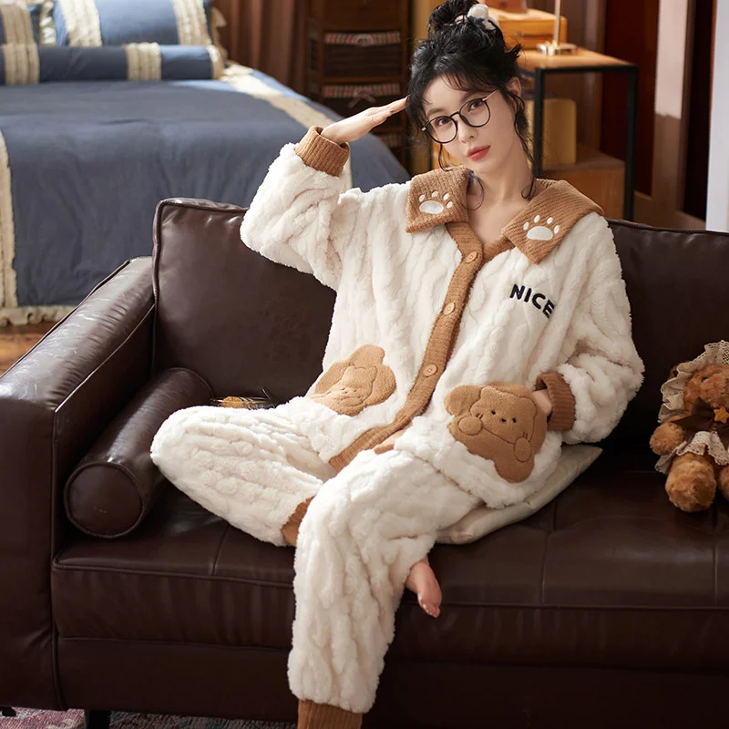 2022 Winter New Little Fragrant Women's Home Clothes Coral Fleece Thickened Gentle Pajamas Women's Set Pyjamas