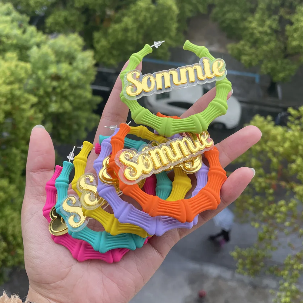 3UMeter Colorful Hoop Customized Name Earrings Women 40mm 70mm Summer Travel Personalized Earrings Gift