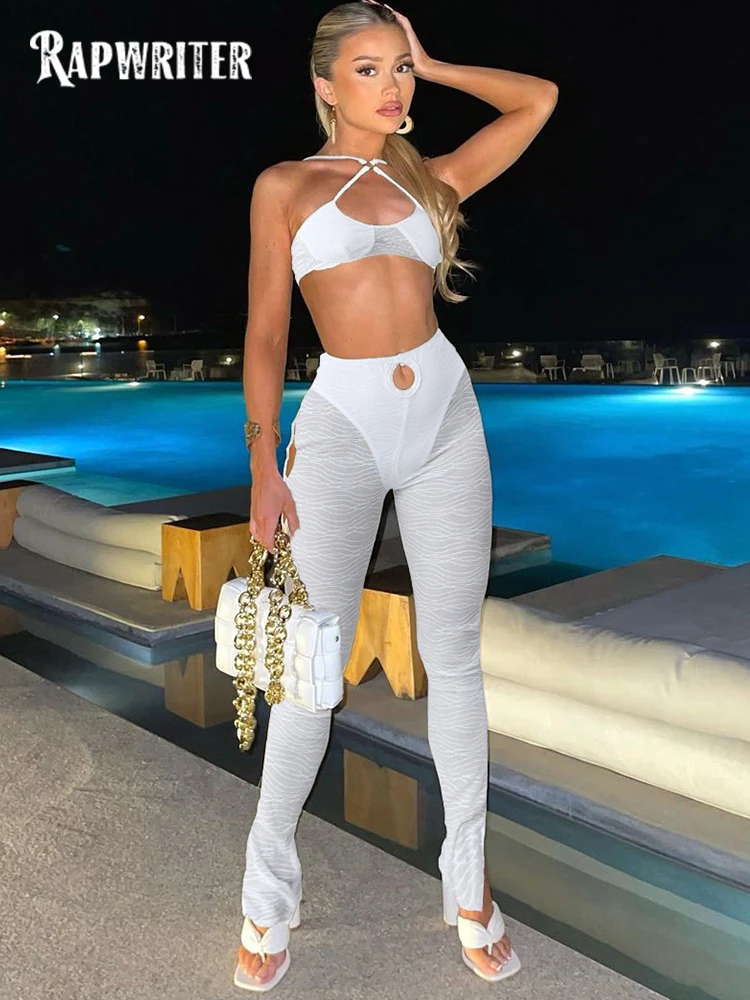 

Rapwriter Mesh Patchwork Two Piece Set Women Sexy Skinny Cleavage Camisole Tops+See Through Pants Matching Attirewear Suits 2022