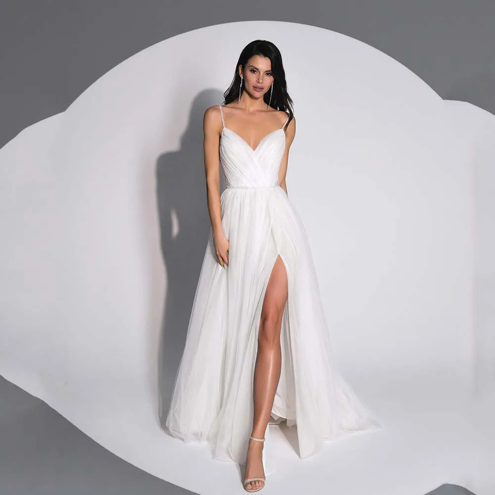 

Sexy Bridal Gowns 2022 New Lace Appliques V-Neck Spaghetti Straps Bride Dress High Side Slit Tulle A-Line Wedding Gown For Women