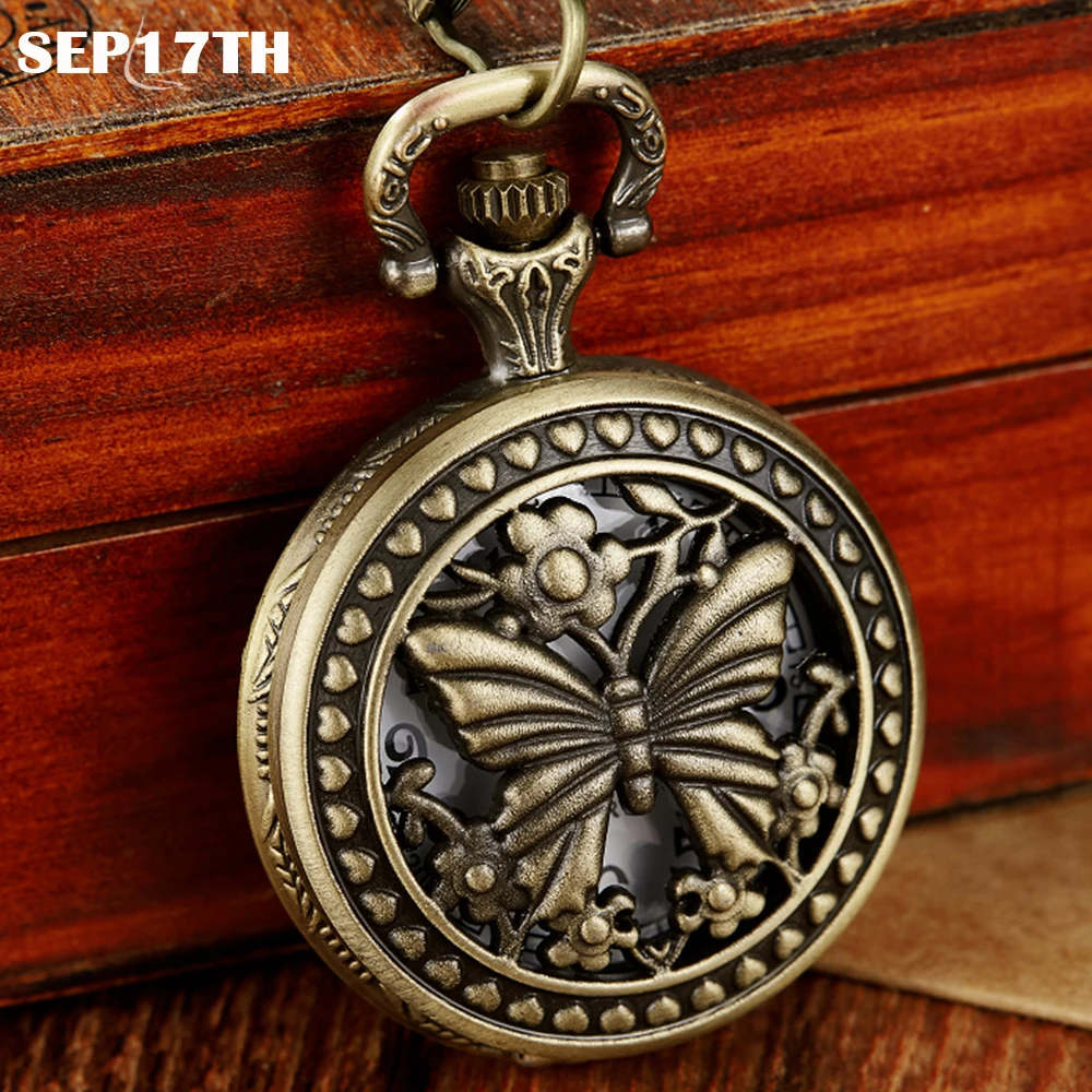 

Bronze Butterfly Numerals Quartz FOB Pocket Watch with Chain Men Women female male Pendant Necklace Vintage reloj de bolsillo