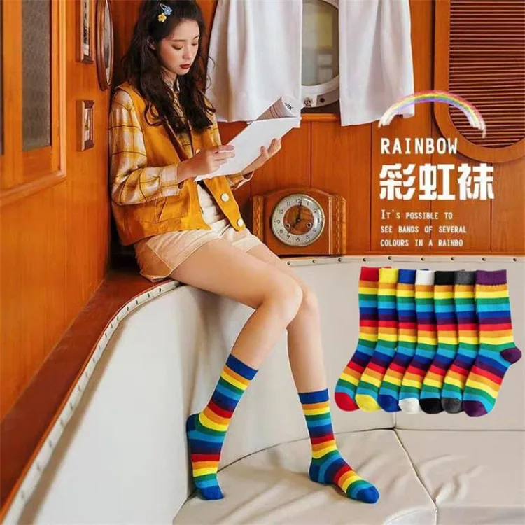 3pairs Thigh High Women's Fashion Street Trendy Socks Autumn and Winter Contrast Color Stripes Couple Stockings Candy