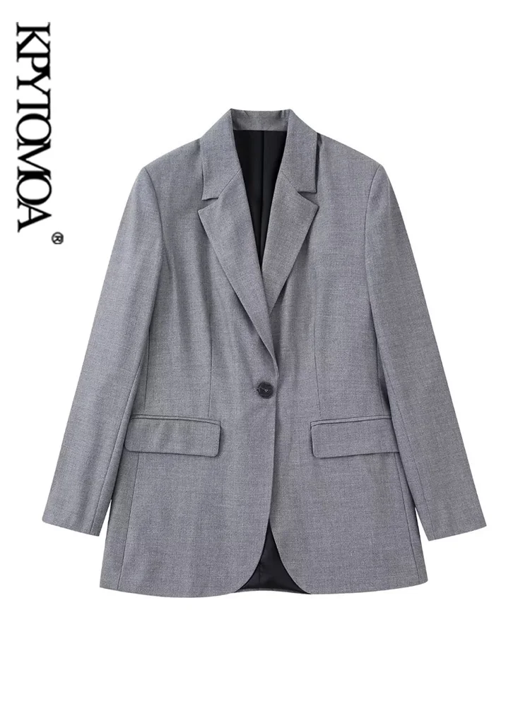 

KPYTOMOA Women Fashion Front Button Straight Blazer Coat Vintage Long Sleeve Flap Pockets Female Outerwear Chic Veste Femme