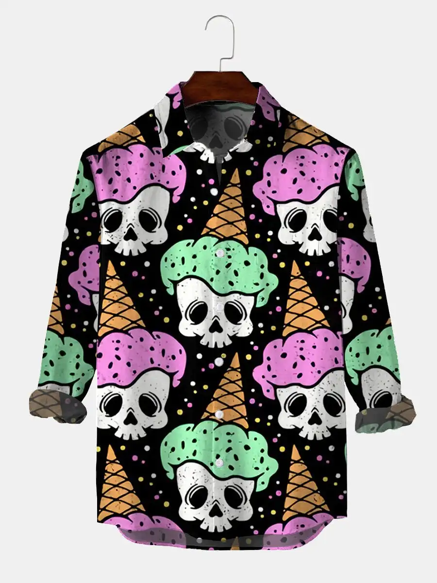 

Men's Men's Lapel Cartoon Skull Print Long Sleeve Shirt
