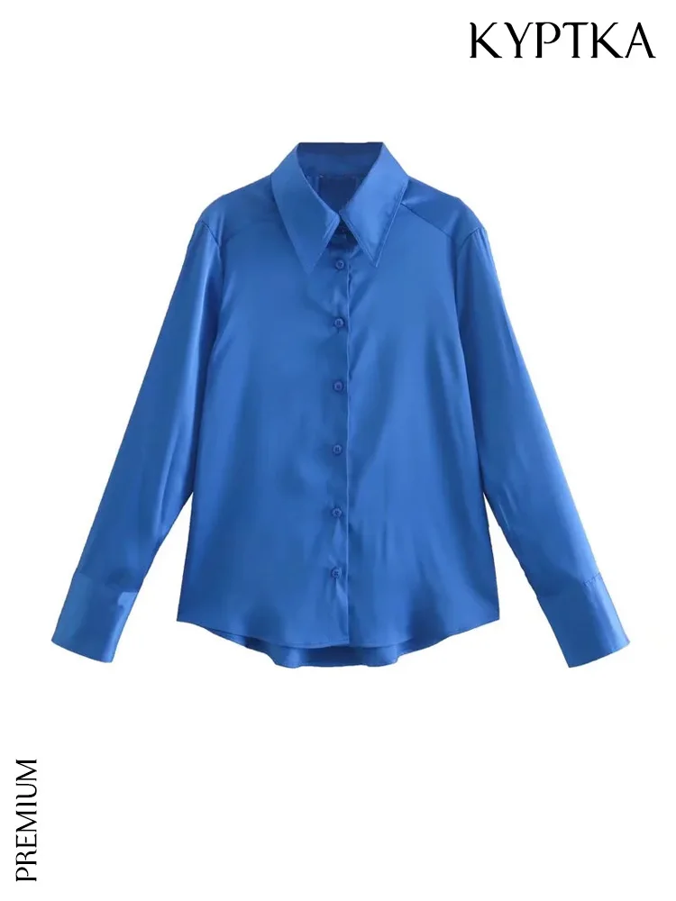 

KYPTKA Women Fashion Office Wear Asymmetric Satin Shirts Vintage Long Sleeve Button-up Female Blouses Blusas Chic Tops