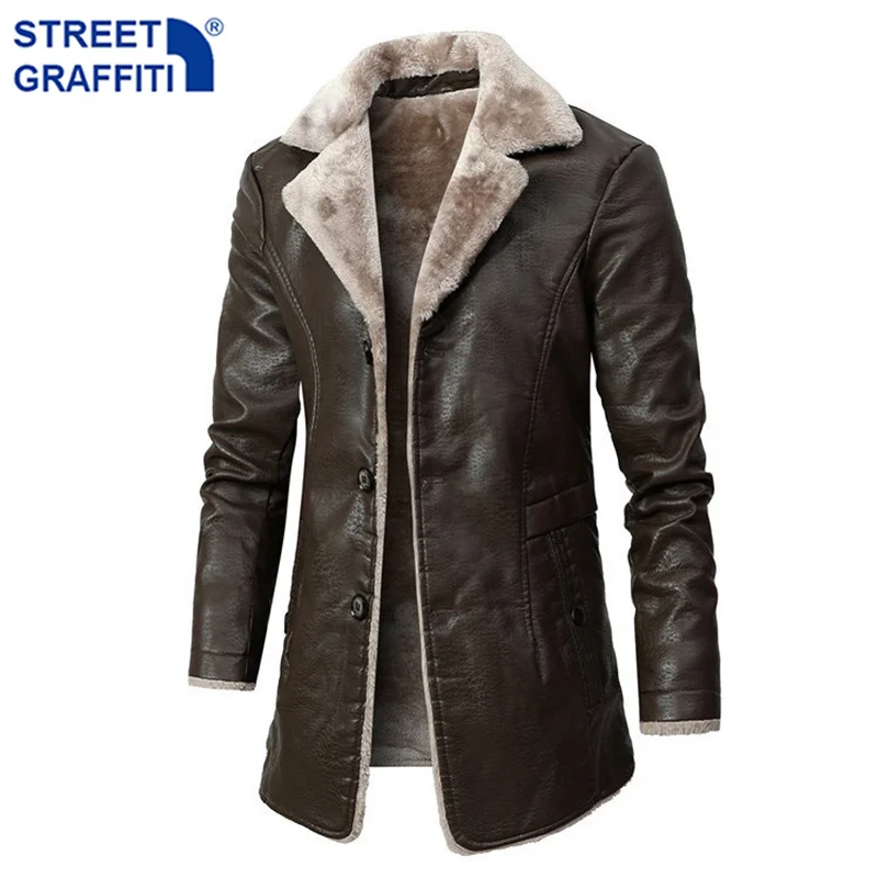 

Men Winter Long Thick Fleece PU Leather Jacket Mens Streetwear Casual Business Clothing Porcket Leather Jackets Coat Outwear Men