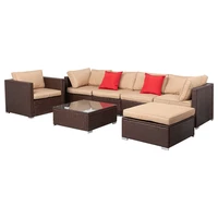 7 Pieces Patio Sectional Furniture Set Outdoor Wicker Conversation Sofa Couch Khaki Non-Slip Cushions Cover Black PE Rattan