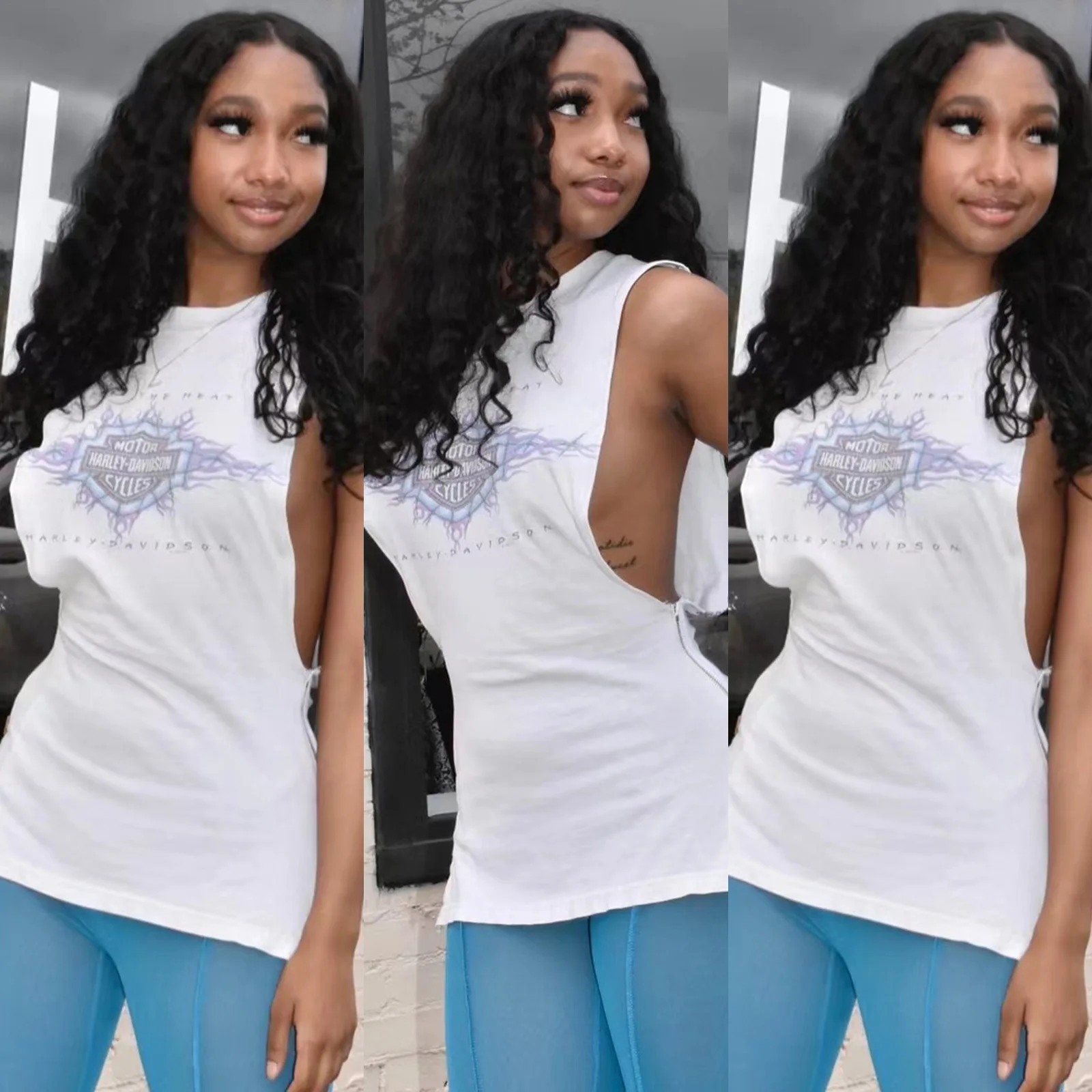 

New Design 2022 Summer White Tee Tops Y2K Printed And Side With Split Zipper Vest Hip-Covered T-Shirt For Ladies