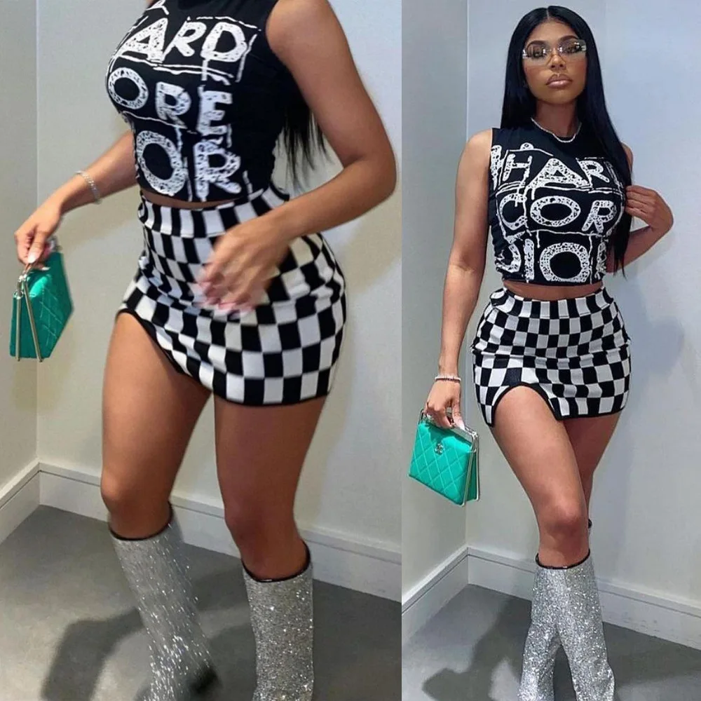 

Checkered Vest Short Skirt Set Summer Sexy Commuter Elegant Women's Fashion Micro-slit Skirt Casual Two-piece Set