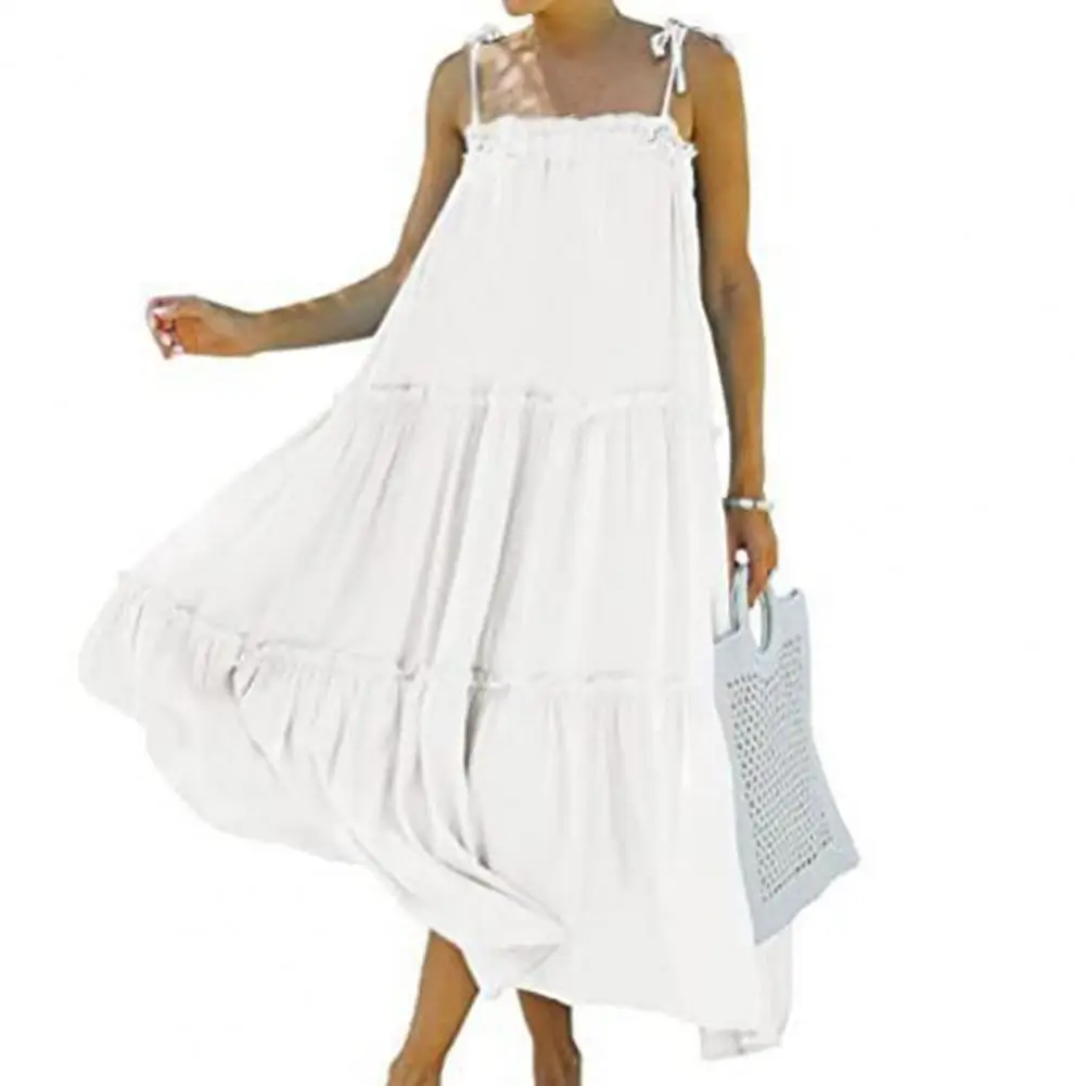 

Elegant Sundress Women Vestidos Spaghetti Straps Maxi Dress Solid Color Sleeveless Tiered Ruffle Hem Sling Long Dress Streetwear