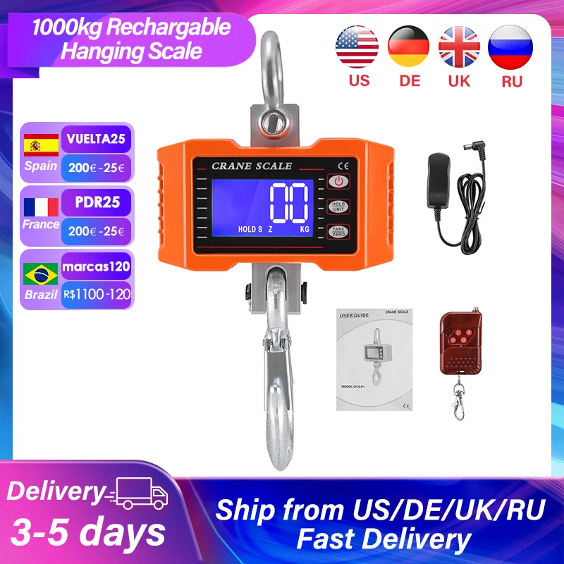 

1000kg Rechargable Electric Crane Scale LCD Industrial Hanging Scale Heavy Duty Scale Hook Farm Hunting Fishing Weighing Scales