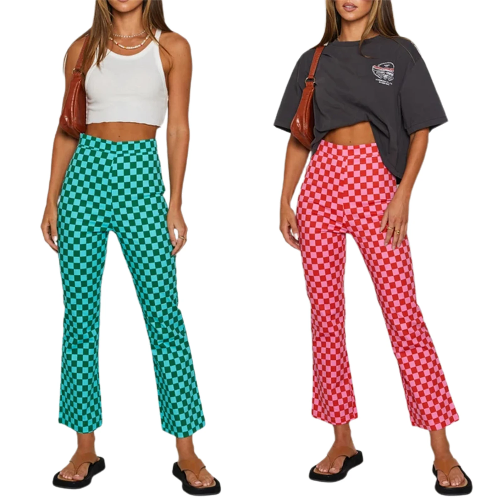 

Women Casual Skinny Plaid Pants Classic High Waist Printed Slim Fit Flare Pants