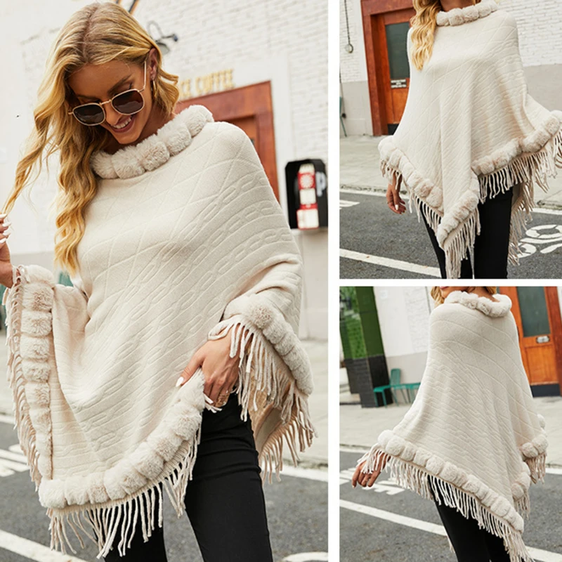 

Women Coats & Jackets For Winter Solid Color Faux Fur Collar Warm Knitted Capes & Ponchos Tassel Autumn Outwear Knitwear